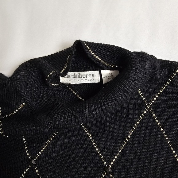 Vtg Liz Claiborne Black Gold Beaded Wool Blend Sweater Womens M - Picture 3 of 7